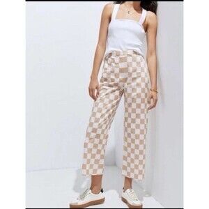 Anthropologie Hutch Wide Leg Cropped Checkerboard Pants Size 4 Tan And White